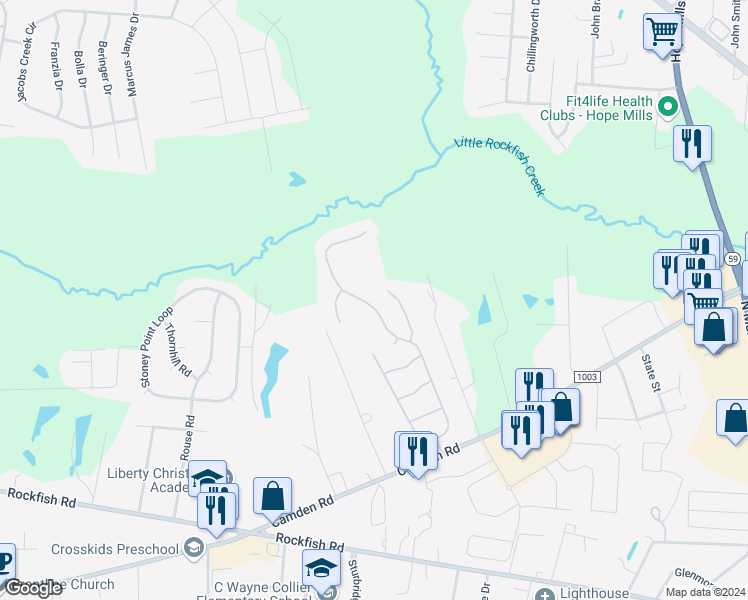 map of restaurants, bars, coffee shops, grocery stores, and more near 3413 Harrisburg Drive in Fayetteville