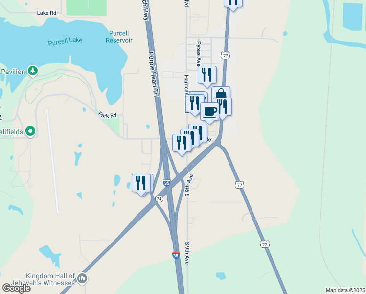map of restaurants, bars, coffee shops, grocery stores, and more near 2111 South 9th Avenue in Purcell