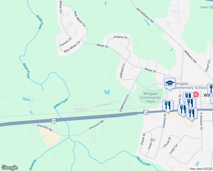 map of restaurants, bars, coffee shops, grocery stores, and more near 125 Oakleaf Lane in Wingate