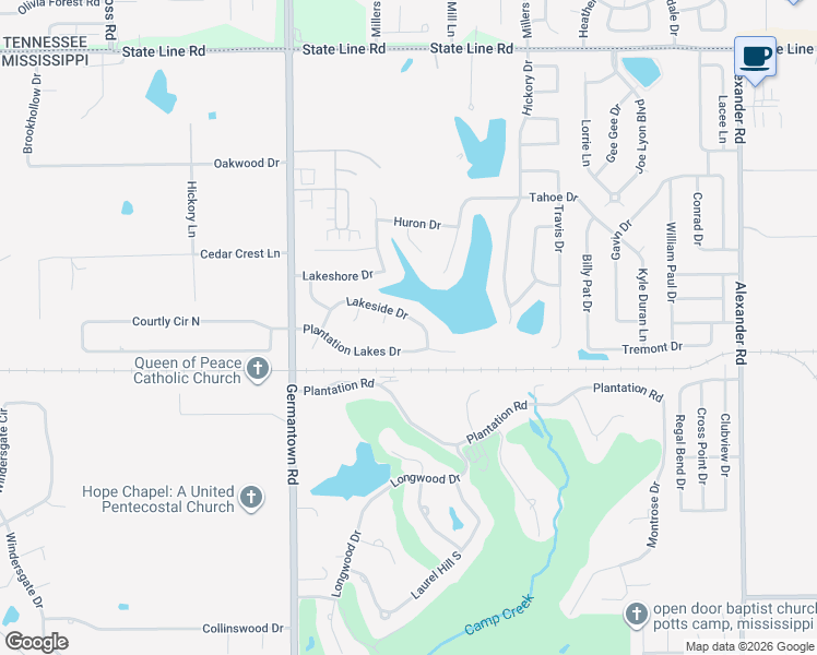 map of restaurants, bars, coffee shops, grocery stores, and more near 9218 Lakeside Drive in Olive Branch
