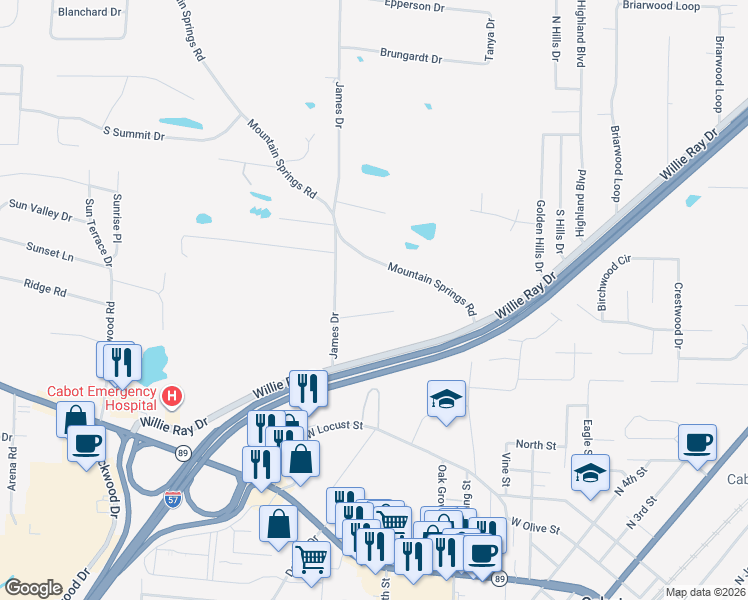 map of restaurants, bars, coffee shops, grocery stores, and more near 13 Amanda Lane in Cabot