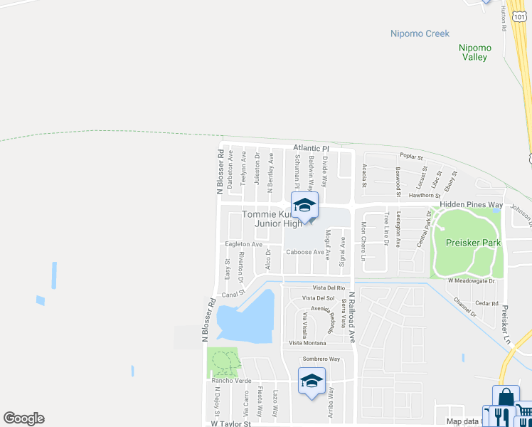 map of restaurants, bars, coffee shops, grocery stores, and more near 2341 Bentley Avenue in Santa Maria