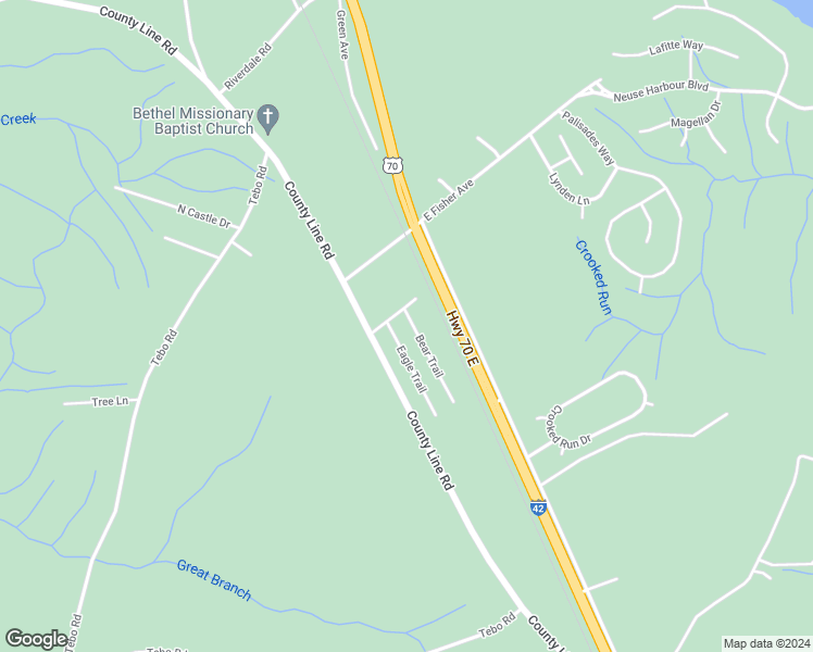 map of restaurants, bars, coffee shops, grocery stores, and more near 202 Bear Trail in New Bern