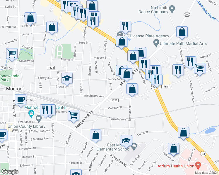 map of restaurants, bars, coffee shops, grocery stores, and more near 607 1st Street in Monroe