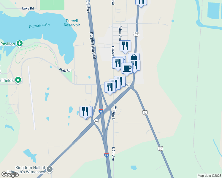 map of restaurants, bars, coffee shops, grocery stores, and more near 2111 South 9th Avenue in Purcell