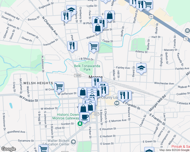 map of restaurants, bars, coffee shops, grocery stores, and more near 601 Skyway Drive in Monroe