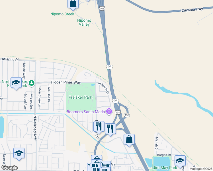 map of restaurants, bars, coffee shops, grocery stores, and more near 2326 Johnson Drive in Santa Maria