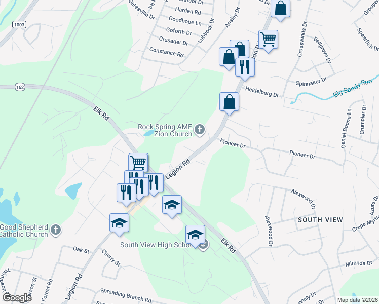 map of restaurants, bars, coffee shops, grocery stores, and more near 4076 Legion Road in Hope Mills