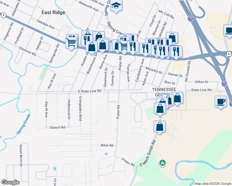 map of restaurants, bars, coffee shops, grocery stores, and more near 1621 Prater Road in Chattanooga