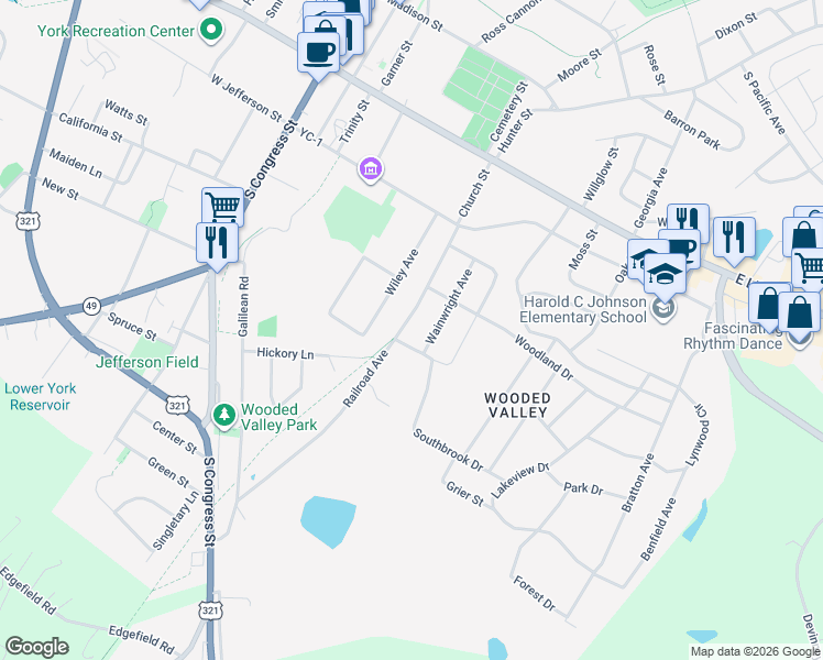 map of restaurants, bars, coffee shops, grocery stores, and more near 51 Railroad Avenue in York