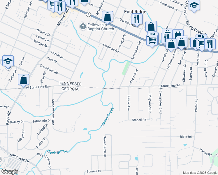 map of restaurants, bars, coffee shops, grocery stores, and more near 5601 East State Line Road in Chattanooga