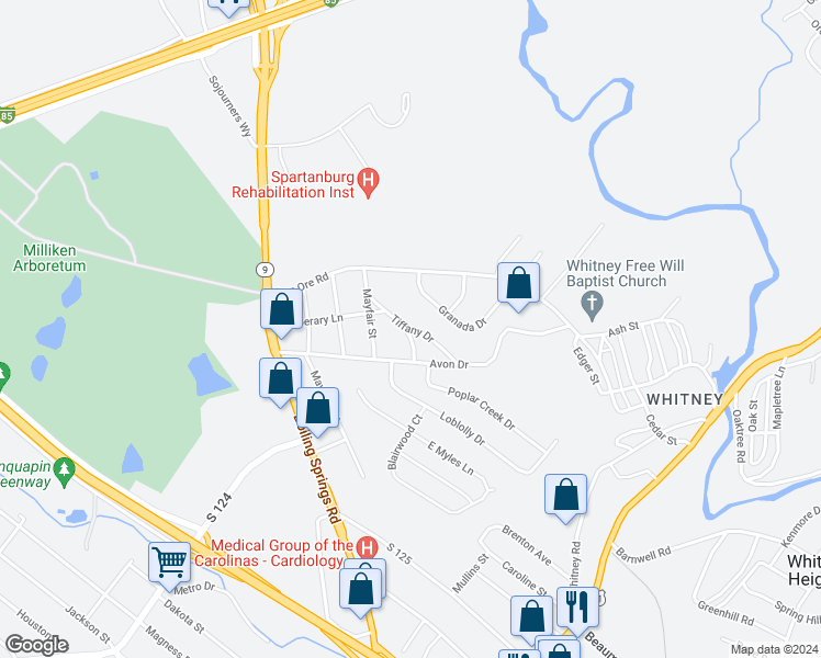 map of restaurants, bars, coffee shops, grocery stores, and more near 1110 Tiffany Drive in Spartanburg