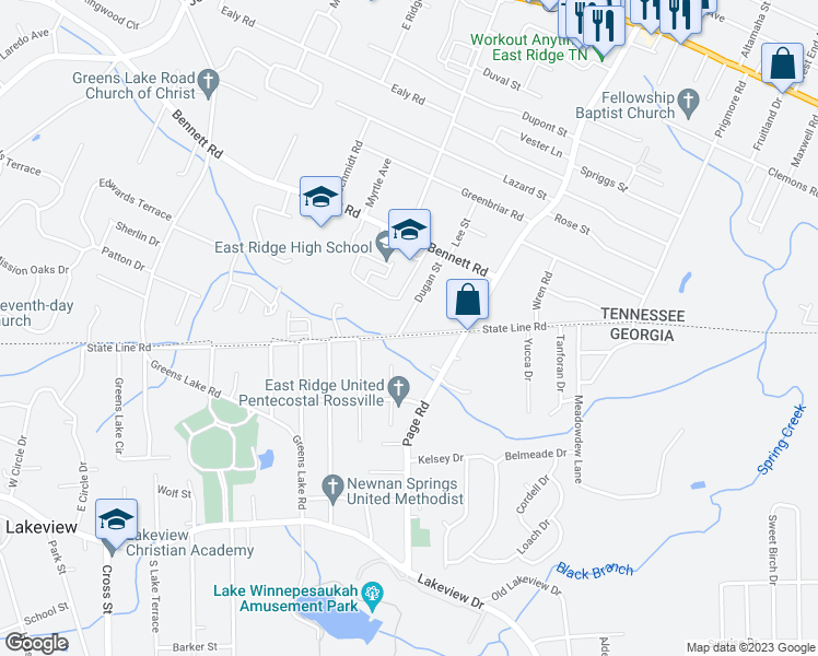map of restaurants, bars, coffee shops, grocery stores, and more near 2180 Dugan Street in Chattanooga