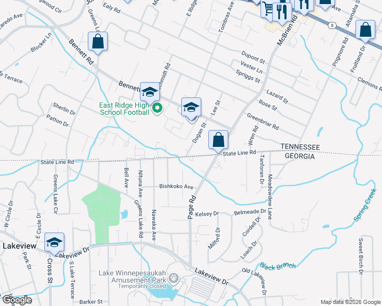 map of restaurants, bars, coffee shops, grocery stores, and more near 2190 Dugan Street in East Ridge