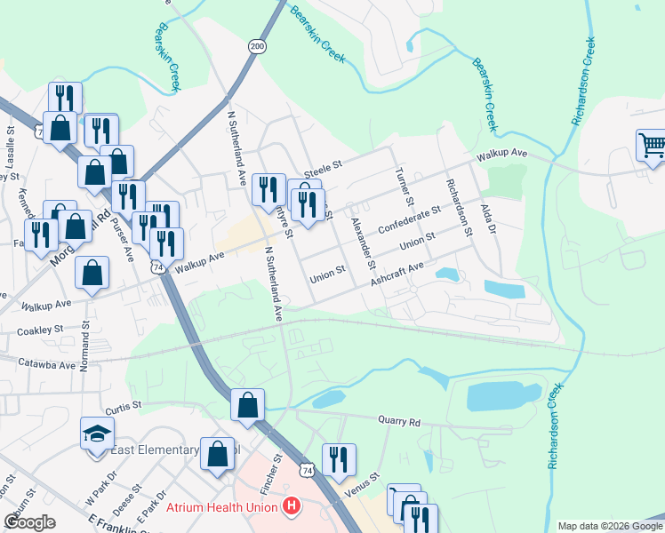 map of restaurants, bars, coffee shops, grocery stores, and more near 302 Jones Street in Monroe