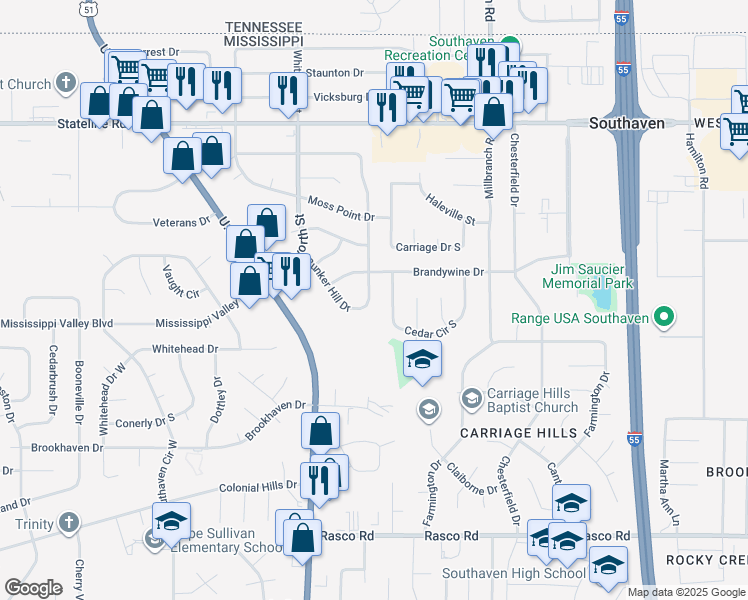 map of restaurants, bars, coffee shops, grocery stores, and more near 8672 Yorktown Drive in Southaven