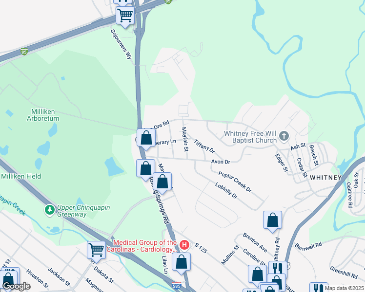 map of restaurants, bars, coffee shops, grocery stores, and more near 1068 Mayfair Street in Spartanburg