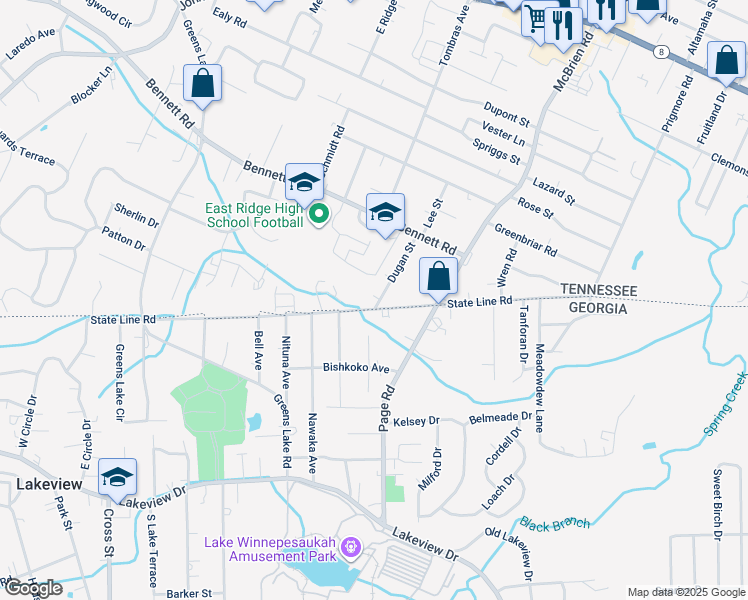 map of restaurants, bars, coffee shops, grocery stores, and more near 2179 Dugan Street in Chattanooga