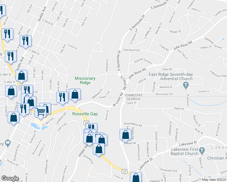 map of restaurants, bars, coffee shops, grocery stores, and more near 3614 Tanaka Trail in Chattanooga