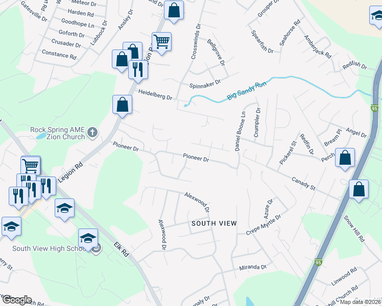 map of restaurants, bars, coffee shops, grocery stores, and more near 3694 Pioneer Drive in Hope Mills