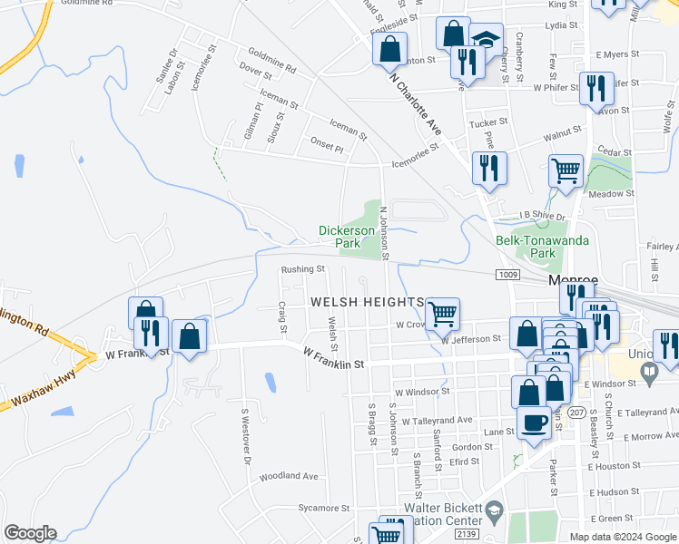 map of restaurants, bars, coffee shops, grocery stores, and more near 629 N West St in Monroe