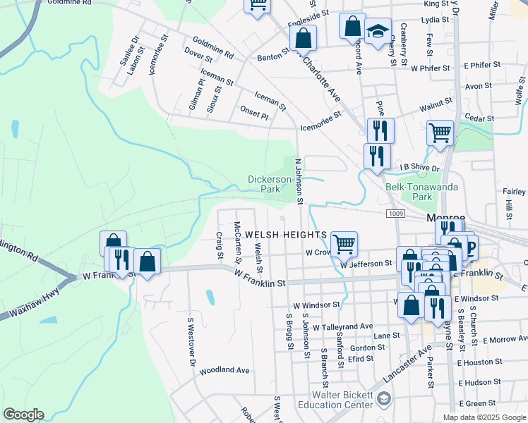 map of restaurants, bars, coffee shops, grocery stores, and more near 629 N West St in Monroe
