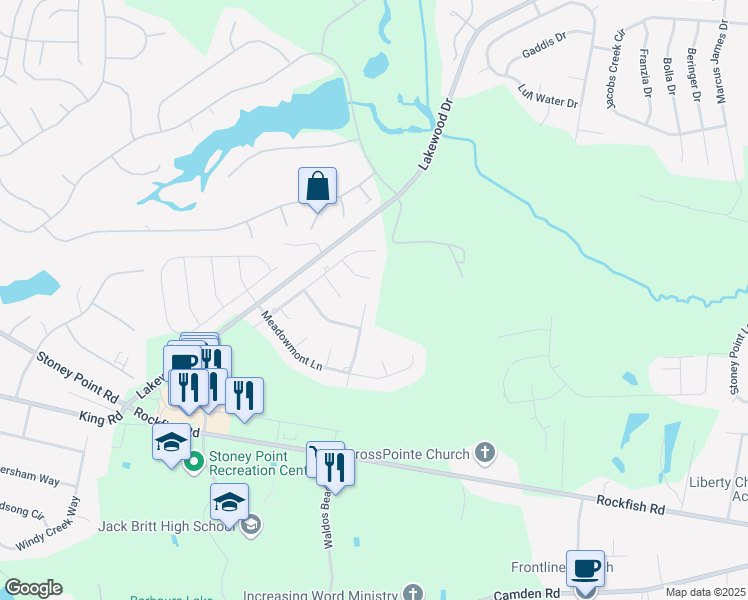 map of restaurants, bars, coffee shops, grocery stores, and more near 3607 Thornsby Lane in Fayetteville