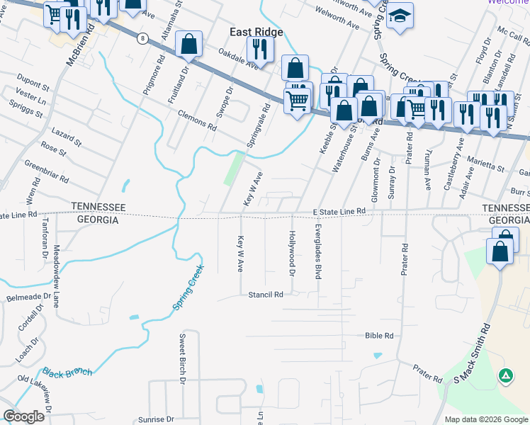 map of restaurants, bars, coffee shops, grocery stores, and more near West Palm Beach Road in Chattanooga
