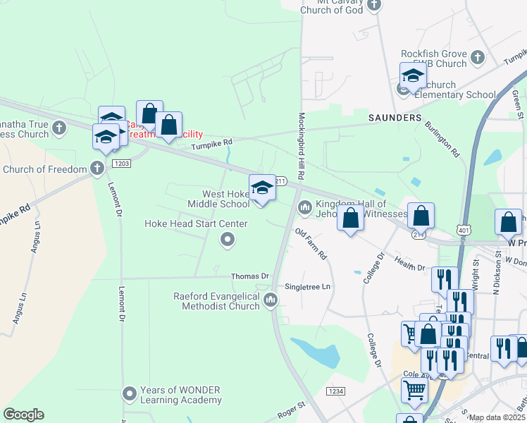 map of restaurants, bars, coffee shops, grocery stores, and more near 200 North Carolina 211 in Raeford