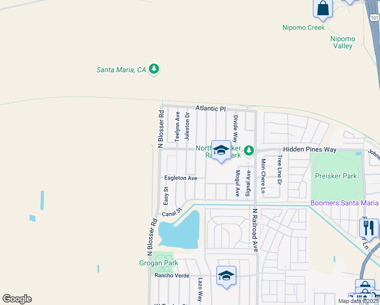 map of restaurants, bars, coffee shops, grocery stores, and more near 2350 Juleston Drive in Santa Maria