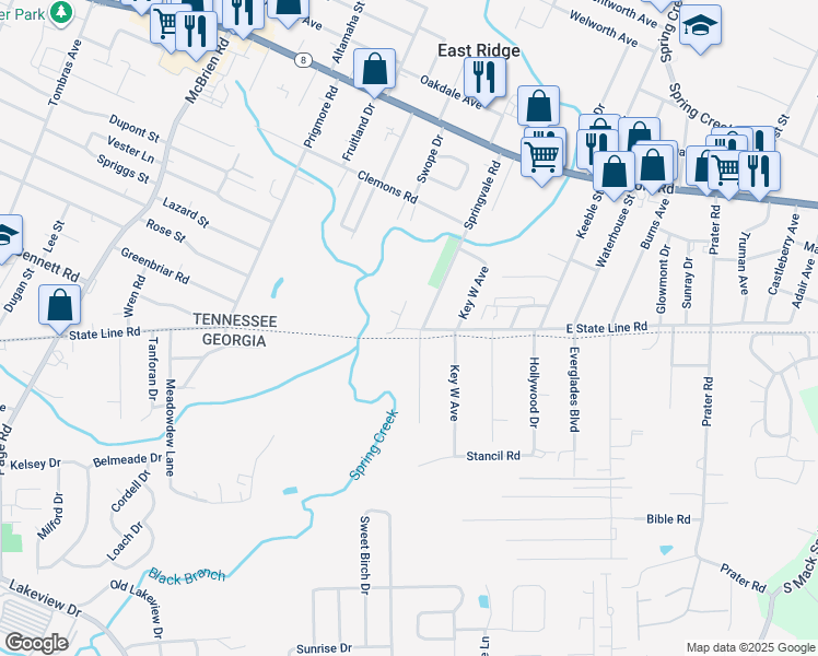 map of restaurants, bars, coffee shops, grocery stores, and more near 1650 Hope Lane in Chattanooga