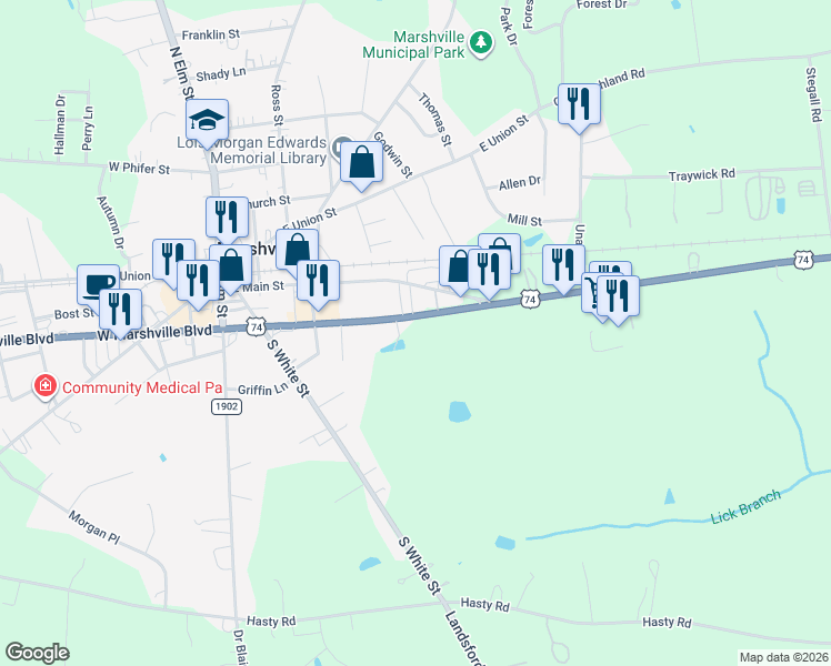 map of restaurants, bars, coffee shops, grocery stores, and more near 7014 East Marshville Boulevard in Marshville