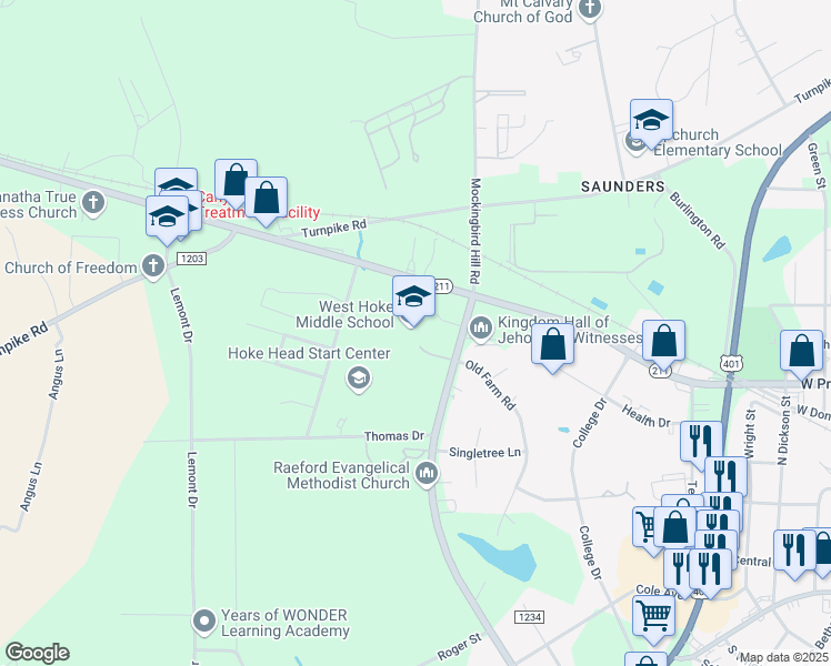 map of restaurants, bars, coffee shops, grocery stores, and more near 200 North Carolina 211 in Raeford