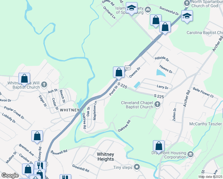 map of restaurants, bars, coffee shops, grocery stores, and more near 20 Pond Street in Spartanburg