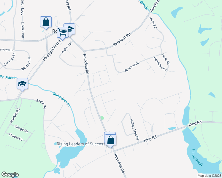 map of restaurants, bars, coffee shops, grocery stores, and more near 227 Sandy Bottom Lane in Raeford