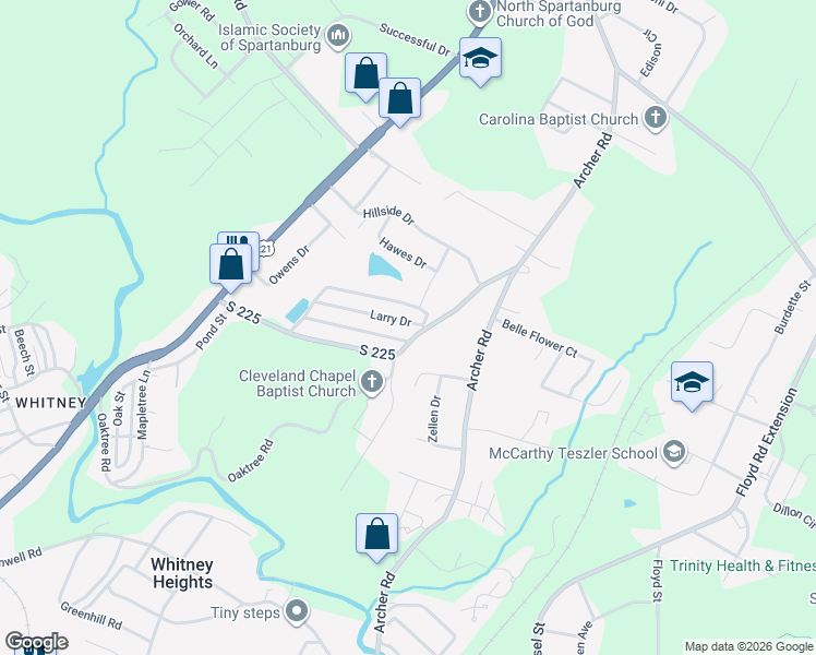 map of restaurants, bars, coffee shops, grocery stores, and more near 438 Larry Drive in Spartanburg