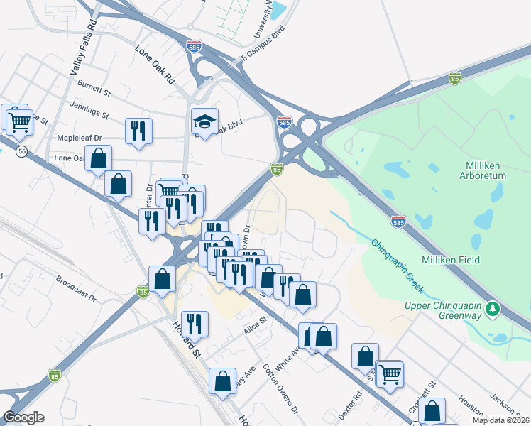 map of restaurants, bars, coffee shops, grocery stores, and more near 650 Polina Avenue in Spartanburg