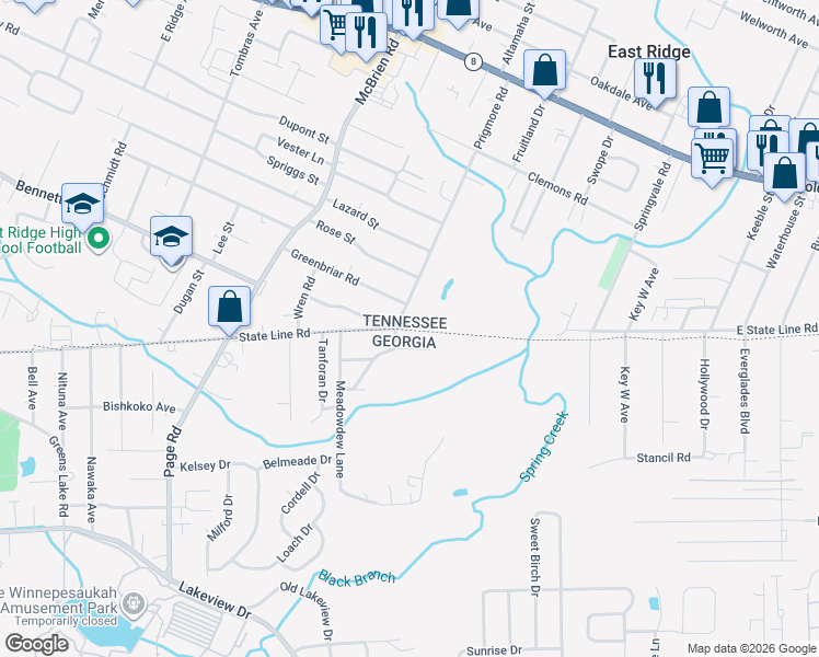 map of restaurants, bars, coffee shops, grocery stores, and more near 1610 State Line Road in East Ridge