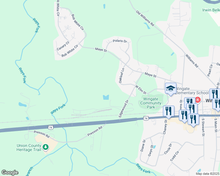 map of restaurants, bars, coffee shops, grocery stores, and more near 125 Oakleaf Lane in Wingate