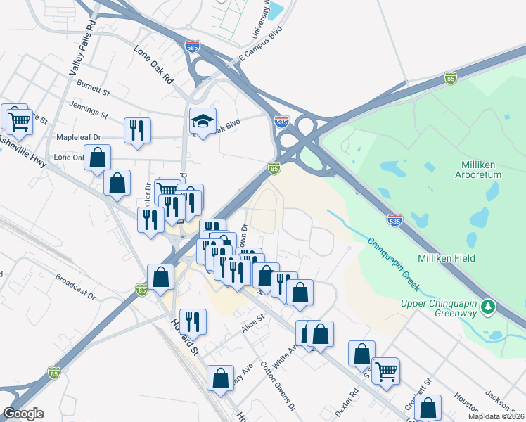 map of restaurants, bars, coffee shops, grocery stores, and more near 100 Mosspoint Circle in Spartanburg