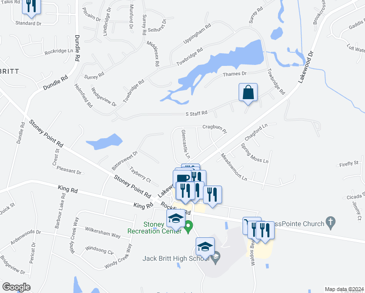 map of restaurants, bars, coffee shops, grocery stores, and more near 3520 Glencastle Lane in Fayetteville