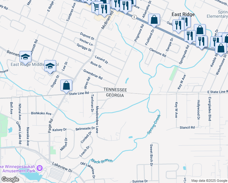 map of restaurants, bars, coffee shops, grocery stores, and more near 5633 State Line Road in East Ridge