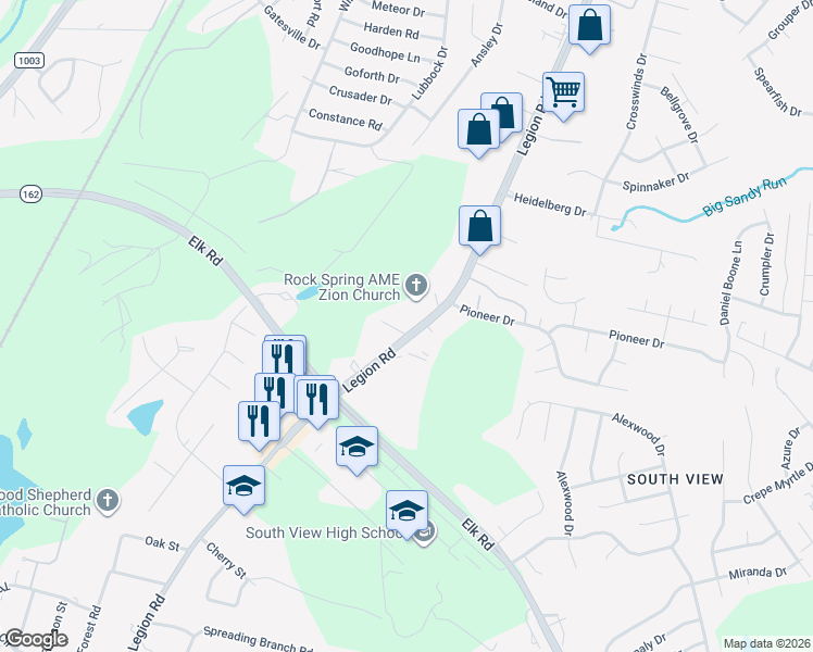 map of restaurants, bars, coffee shops, grocery stores, and more near 4076 Legion Road in Hope Mills