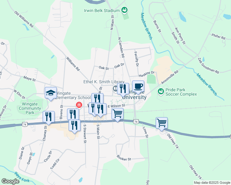 map of restaurants, bars, coffee shops, grocery stores, and more near 220 North Camden Road in Wingate