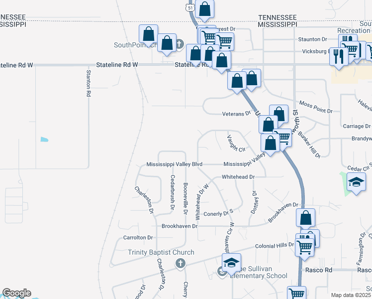map of restaurants, bars, coffee shops, grocery stores, and more near 1976 Cresthill Drive West in Southaven