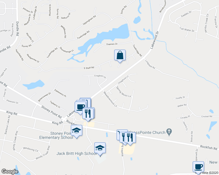 map of restaurants, bars, coffee shops, grocery stores, and more near 3624 Chagford Lane in Fayetteville