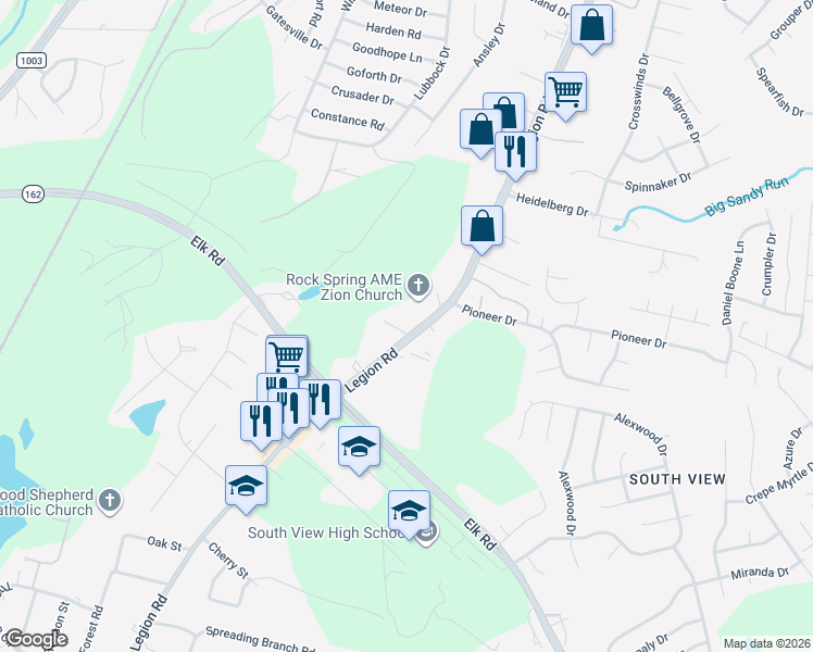 map of restaurants, bars, coffee shops, grocery stores, and more near 4076 Legion Road in Hope Mills