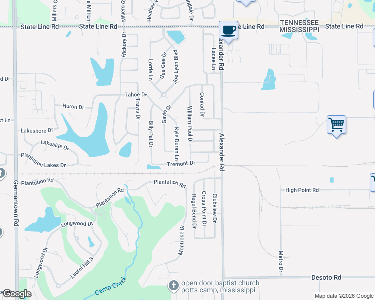 map of restaurants, bars, coffee shops, grocery stores, and more near 8995 William Paul Drive in Olive Branch