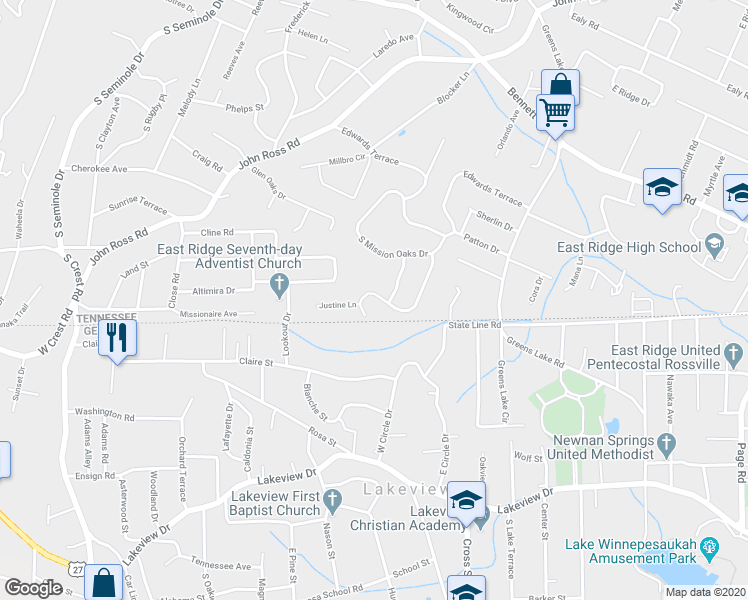 map of restaurants, bars, coffee shops, grocery stores, and more near 1112 Laurelwood Drive in Chattanooga