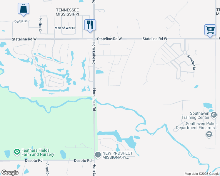 map of restaurants, bars, coffee shops, grocery stores, and more near 3867 Down River Drive in Southaven